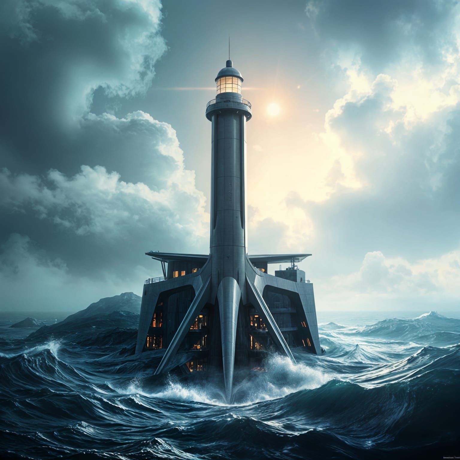 An ultra futuristic lighthouse, constructed of sleek, polished metal and acrylics, rising from the depths of a turbulent...