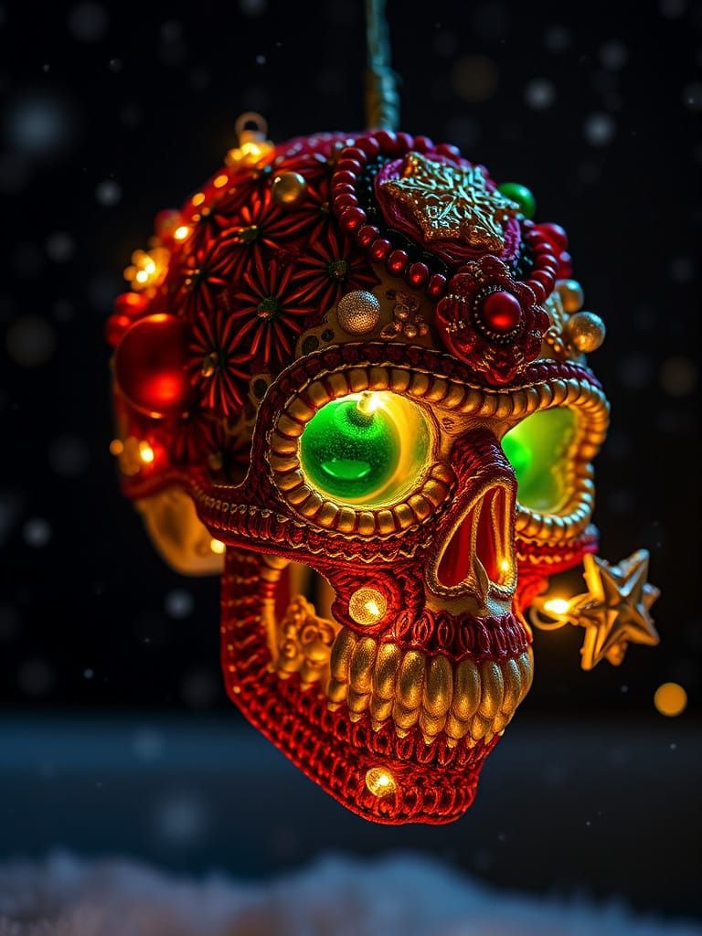 Vintage Macrame Christmas Skull with Intricate Beads and Fai...