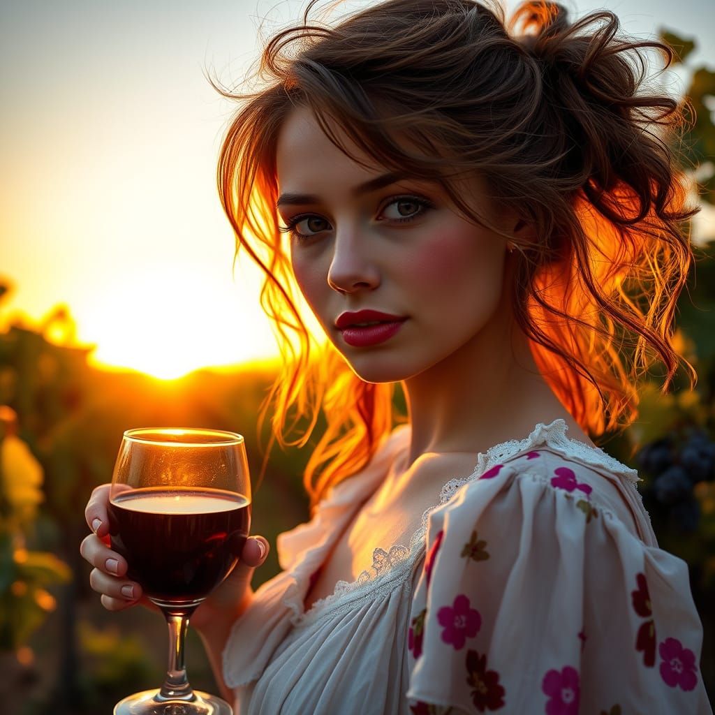 Young Woman in Vineyard Sunset, Inspired by Art Nouveau