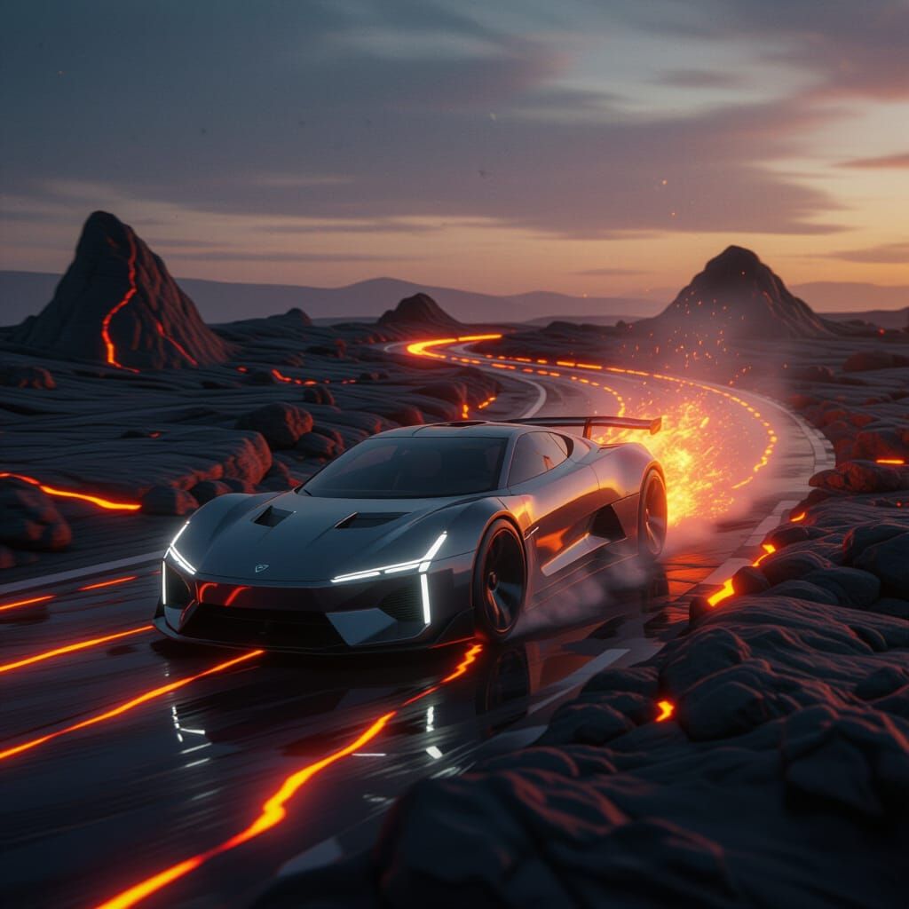 Futuristic Car Speeds Through Lava Road: Cinematic Shot