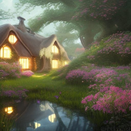 Fairycore Cottage by Pond in Dark Fantasy Style