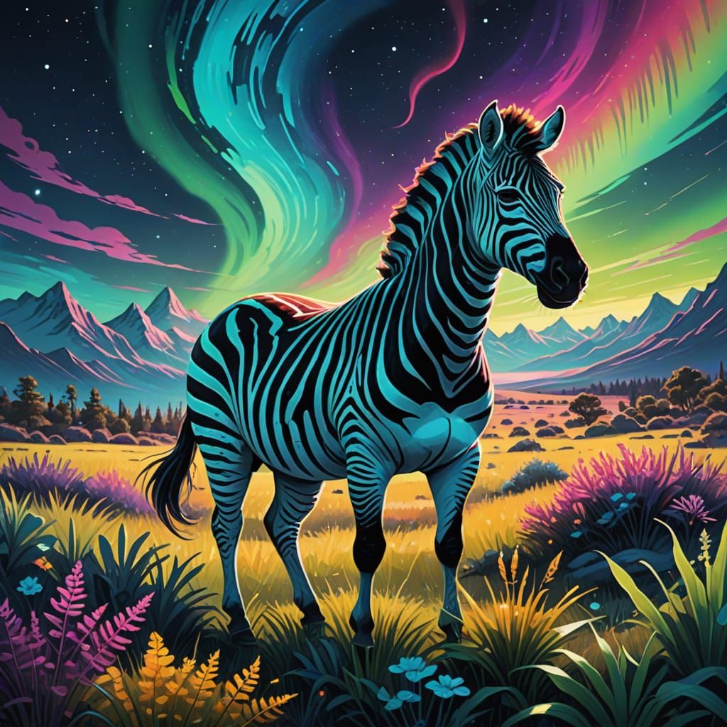 Zebra in a Neon Bioluminescent Dreamscape under Aurora Borea...