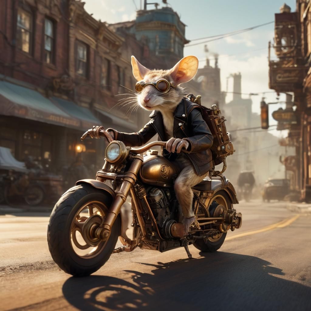 Steampunk Jerboa Rides Motorcycle on Deserted Road