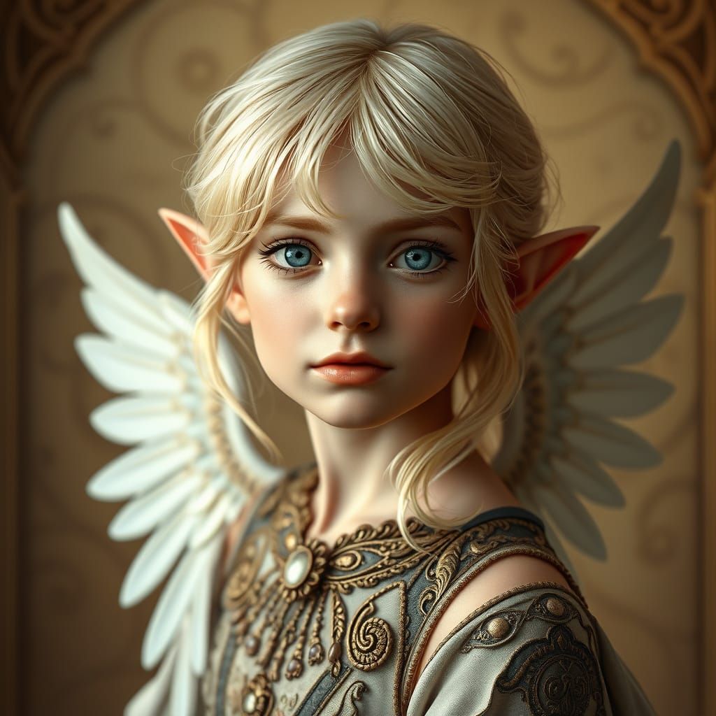 Mystical Elf Maiden with Dove Wings and Art Nouveau Inspirat...