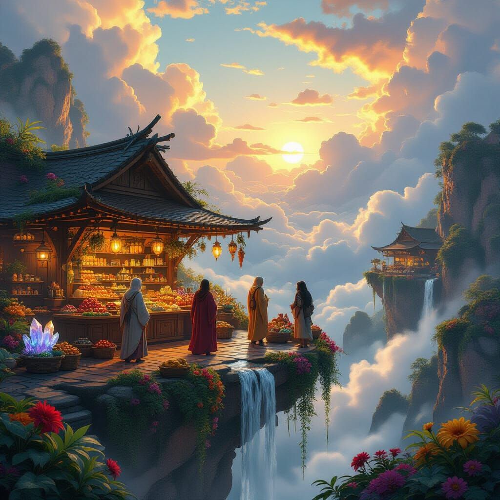 Floating Island Marketplace in the Sky, Fantasy Concept Art