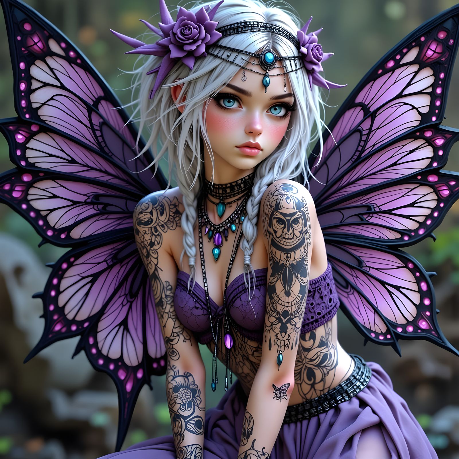 Steampunk Fairy with Silver Hair and Lace Wings