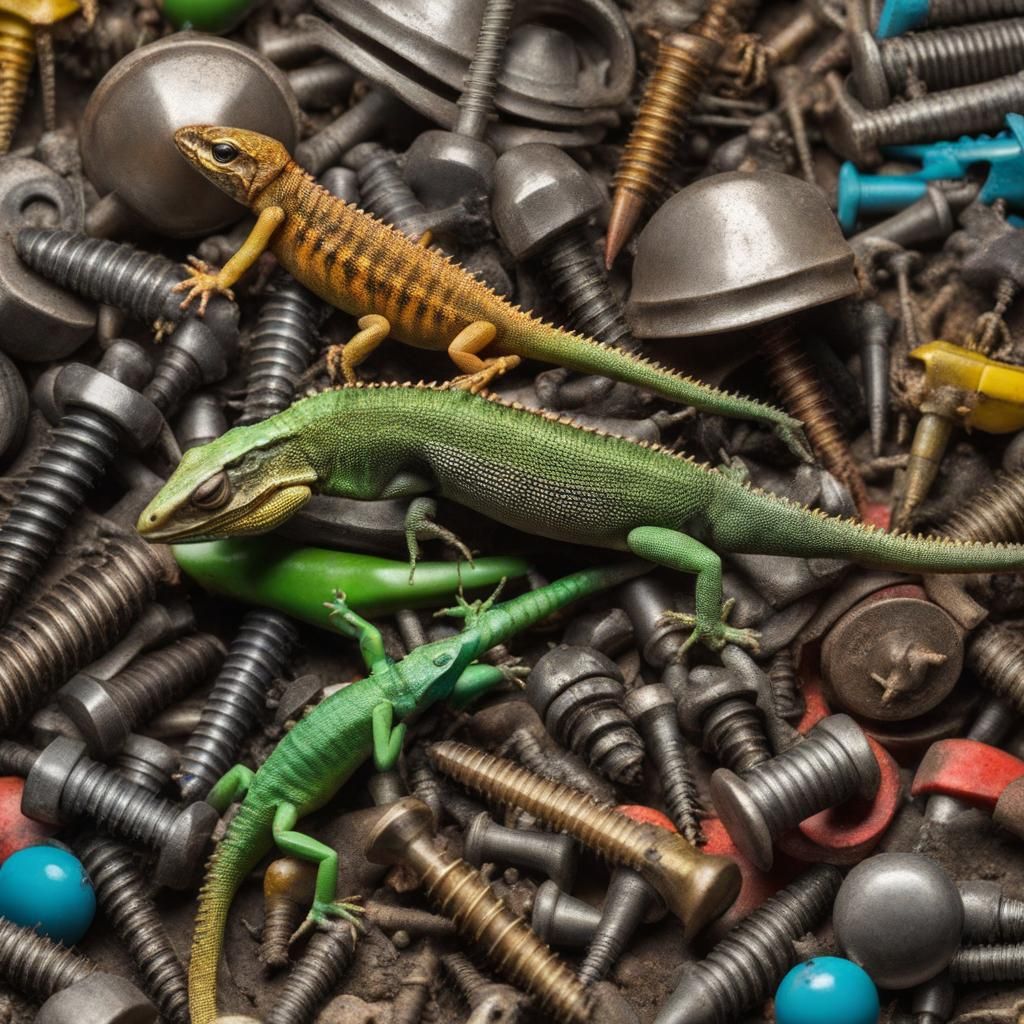 Lizards and and big colorfull beetles crawling between a hug...