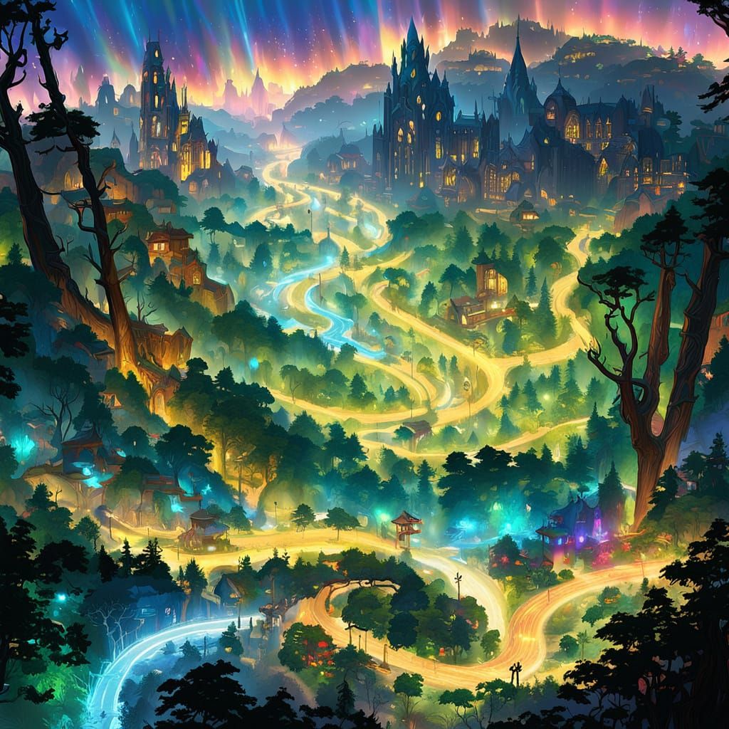 Fantasy Landscape with Winding Road in Vibrant Colors