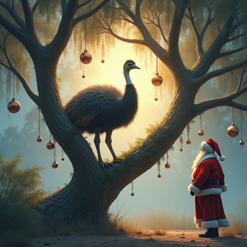 Emu in Eucalyptus Tree with Santa, Luminist Painting