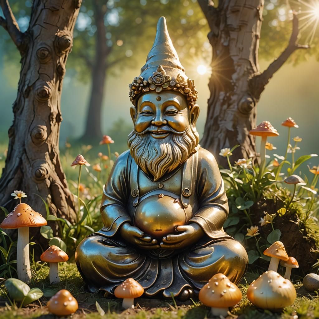 Gnome Buddha Meditates with Rubber Rabbit in Sunny Meadow