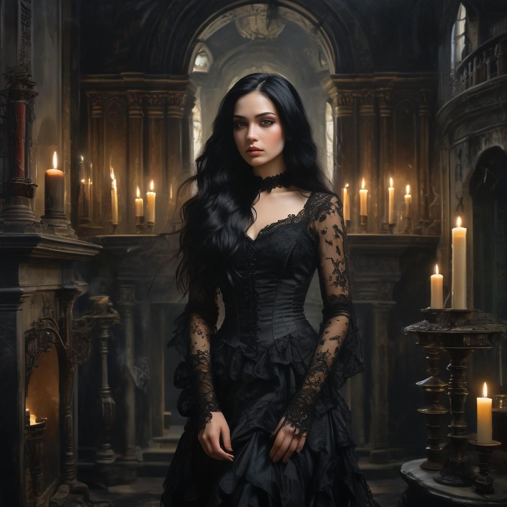 Elegant Gothic Woman in Victorian Oil Painting