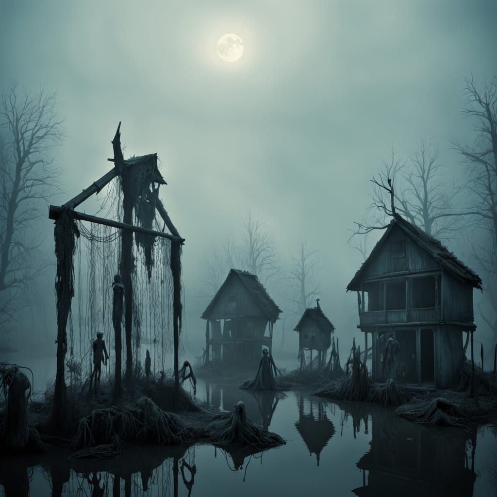 Eerie Surrealism: Abandoned Swamp Funhouse with Zombies