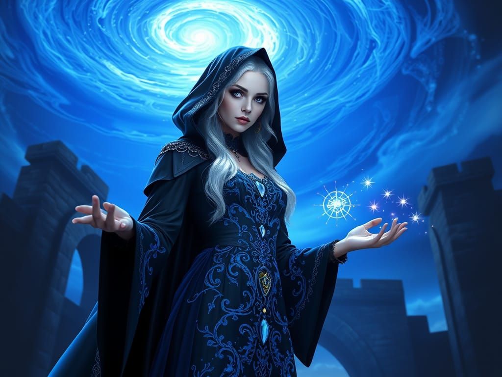 A stylized 3D digital illustration A dramatic fantasy painting depicts a powerful sorceress standing poised center stage...