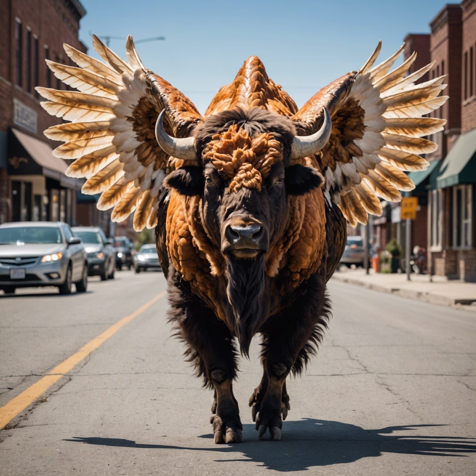 Buffalo with Chicken Wings Walks Down Street