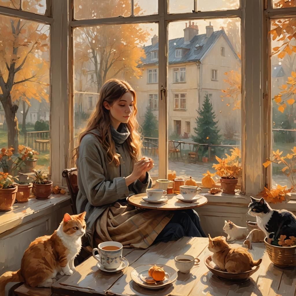 Cozy Autumn Moment with Two Cats and a Cup of Tea