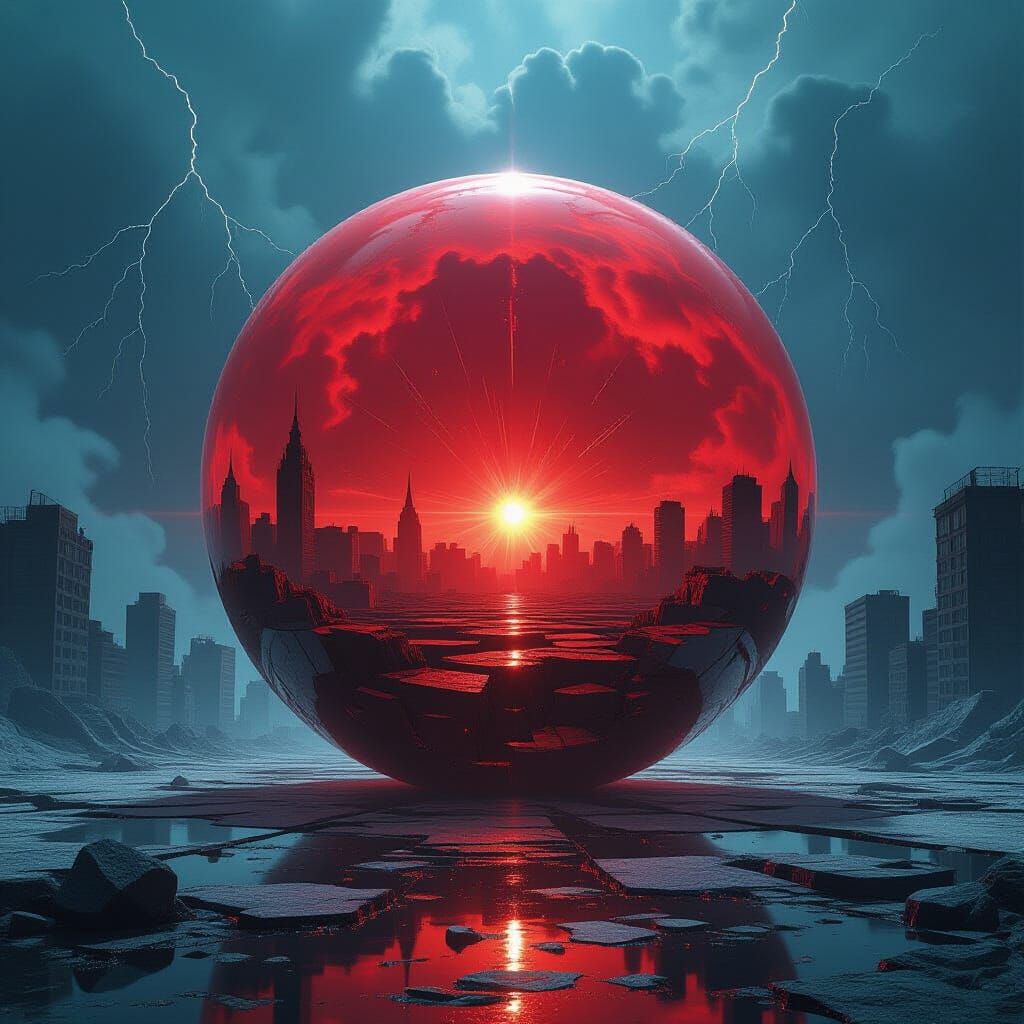 Crimson Sphere Fracturing Reality in Surreal Cosmic Horror