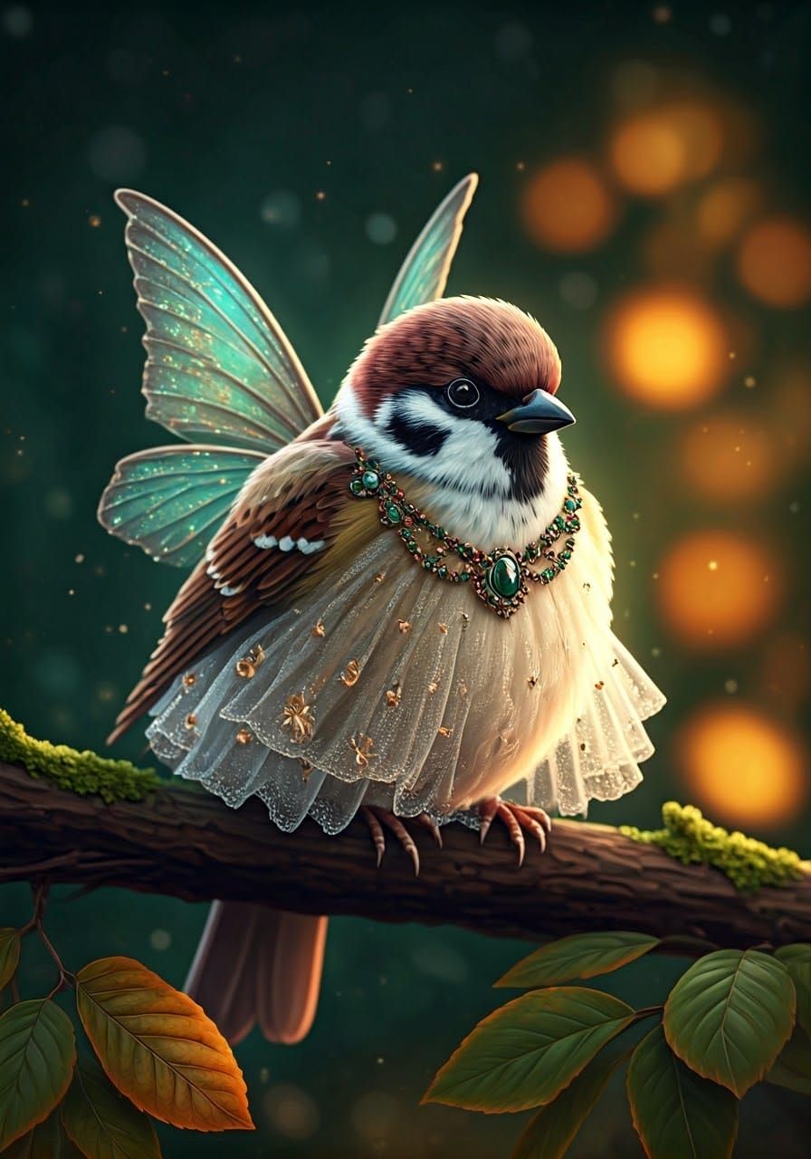 Enchanting Fairy Sparrow in Mystical Autumn Forest