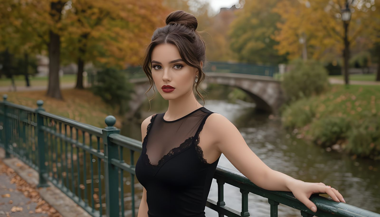 Italian Woman on Bridge in Autumn Park