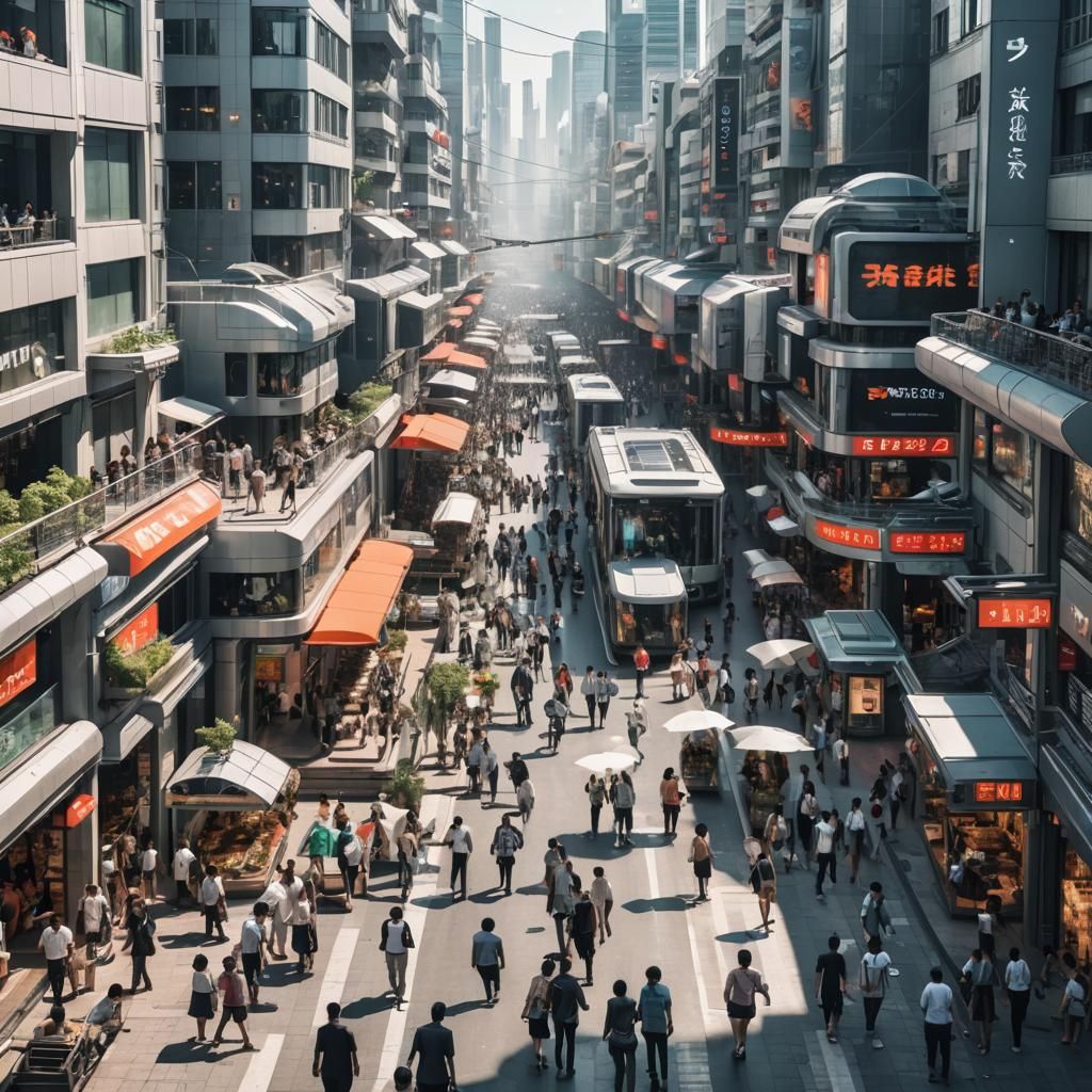 Futuristic City Street Scene on a Hot Day