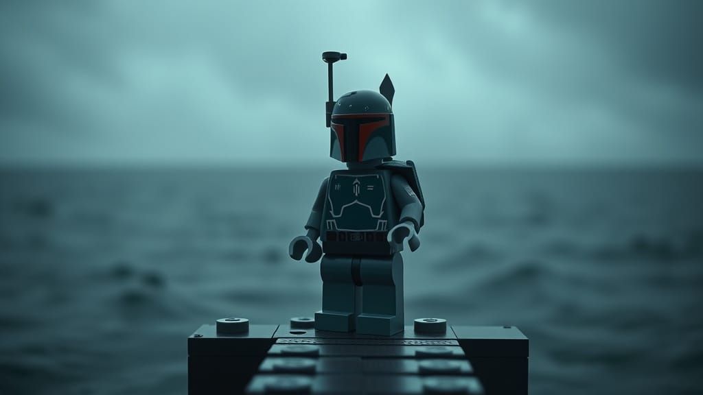 Lego Boba Fett on Pier: Photorealistic Film Still