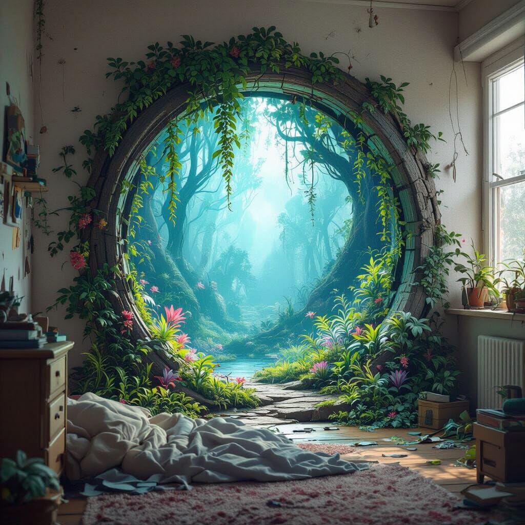 Mythical Forest Portal in Messy Bedroom Matte Painting