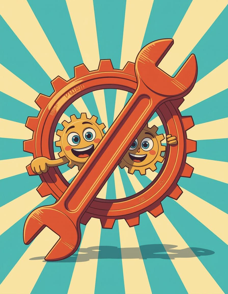 Cartoon Wrench Trapped in Gears, Pixar Style