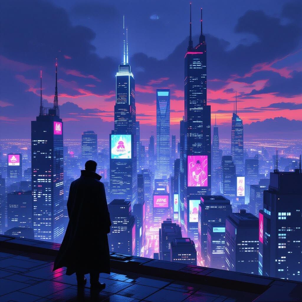 Figure Overlooks Neon City at Dusk in Hyperrealistic Style