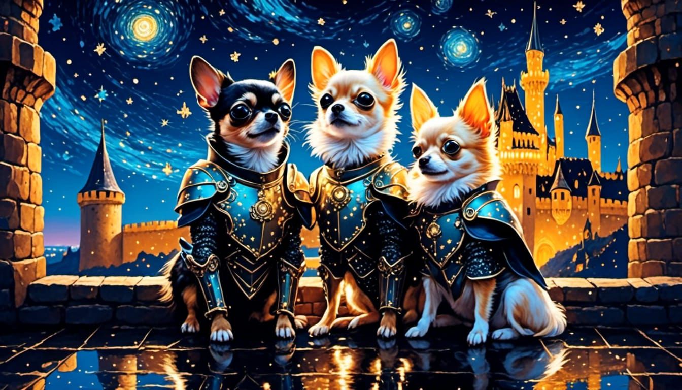 Chihuahuas in Knight Armor Guarding Castle