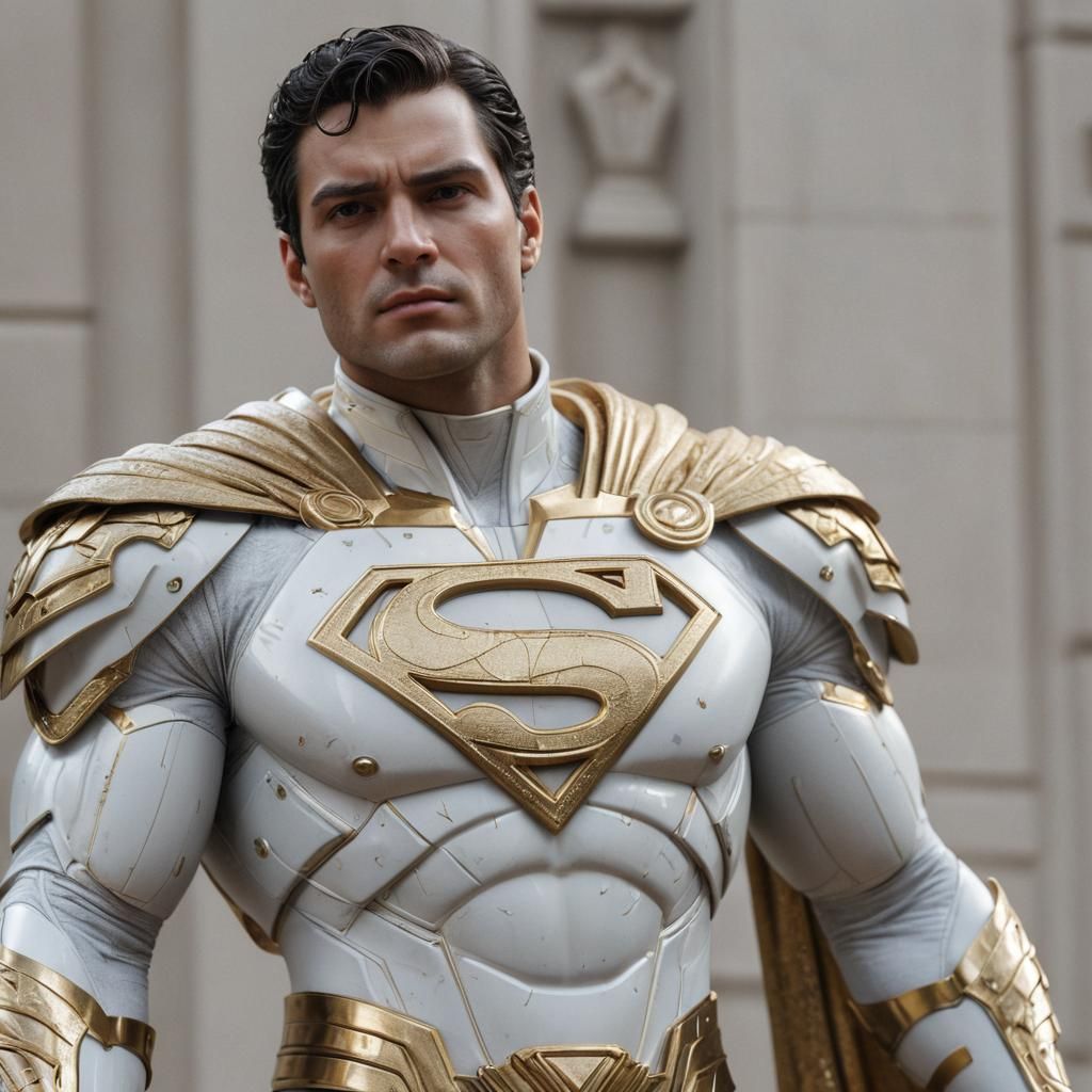 Futuristic Hero Statue in Gold and White Armor
