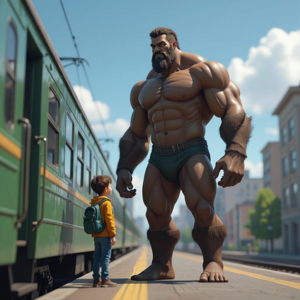 Giant and Human on Green Train in City