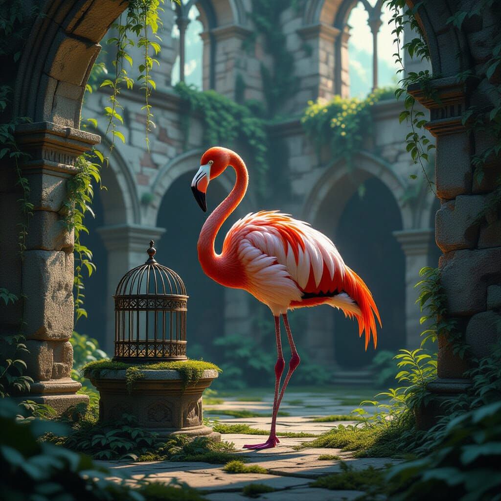 Flamingo in Overgrown Castle Courtyard