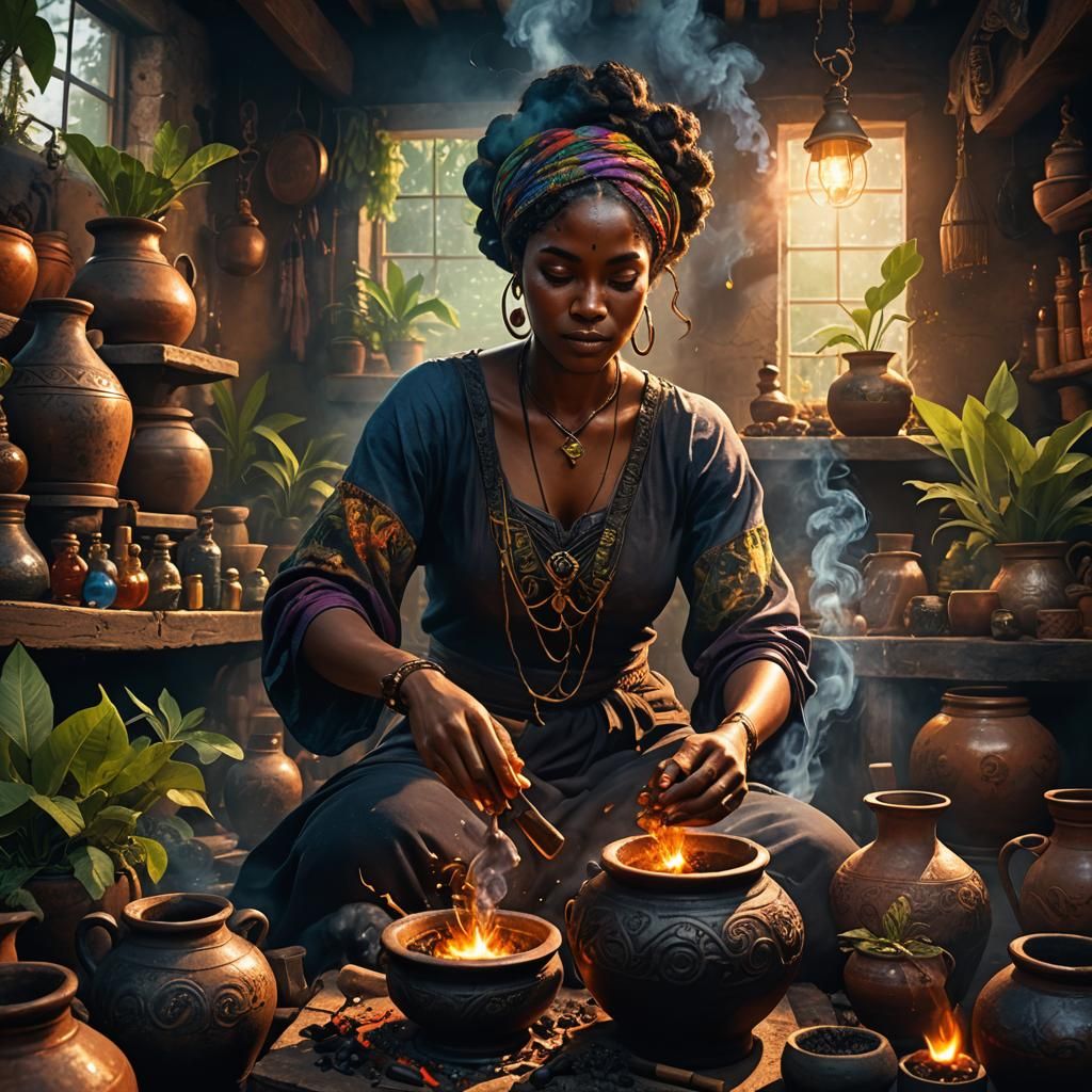 Caribbean Woman Weaving Magic with Herbal Potions