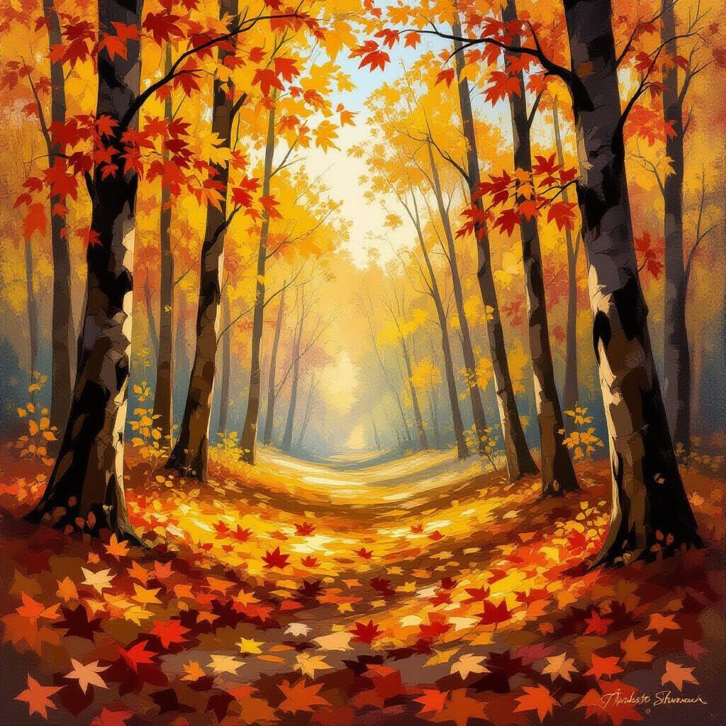 Impressionistic Autumn Forest with Golden Light