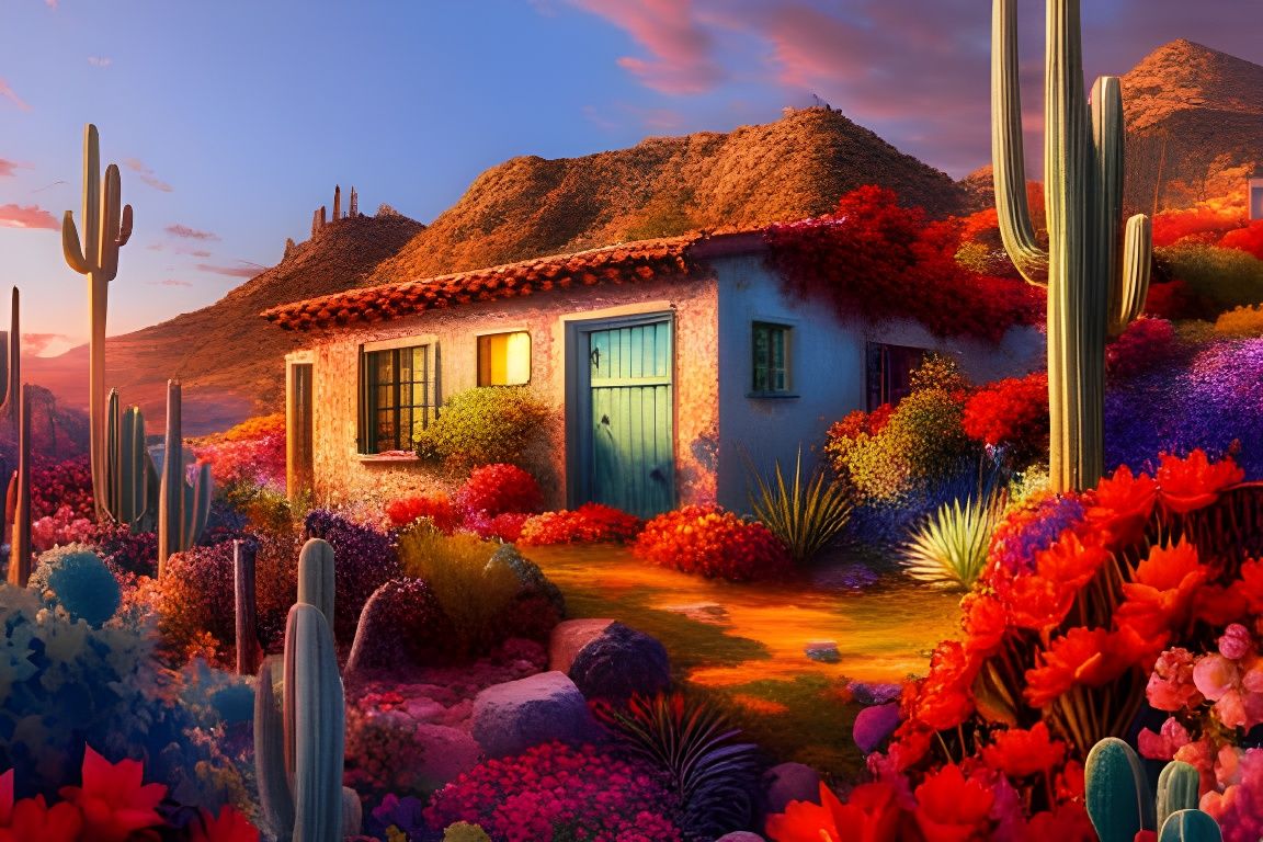 Colorful Cactus Garden with Adobe Cottage