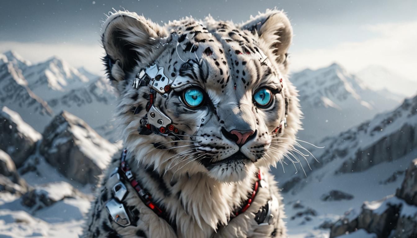 Photorealistic Baby Snow Leopard Cyborg with Red Eyes