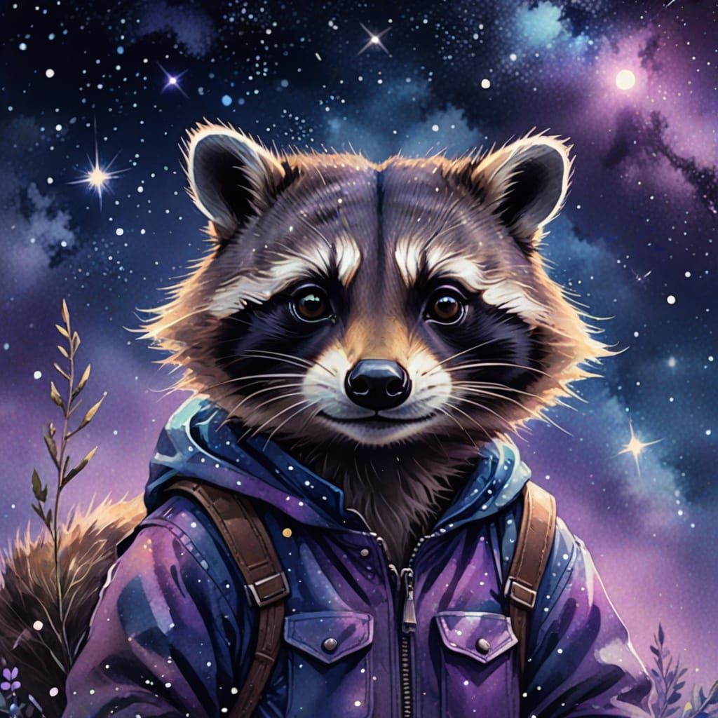 Raccoon with Stardust Pockets in Watercolor Style