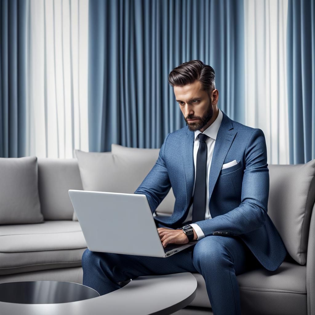 Denim Suit Businessman with Laptop, Hyperrealistic 8k