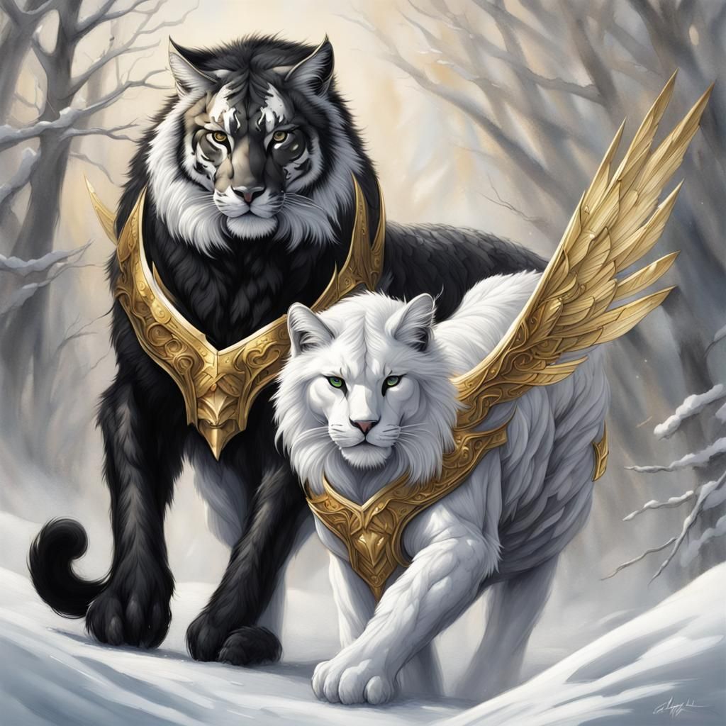 Armored Mystical Cats with Wings in the Snow