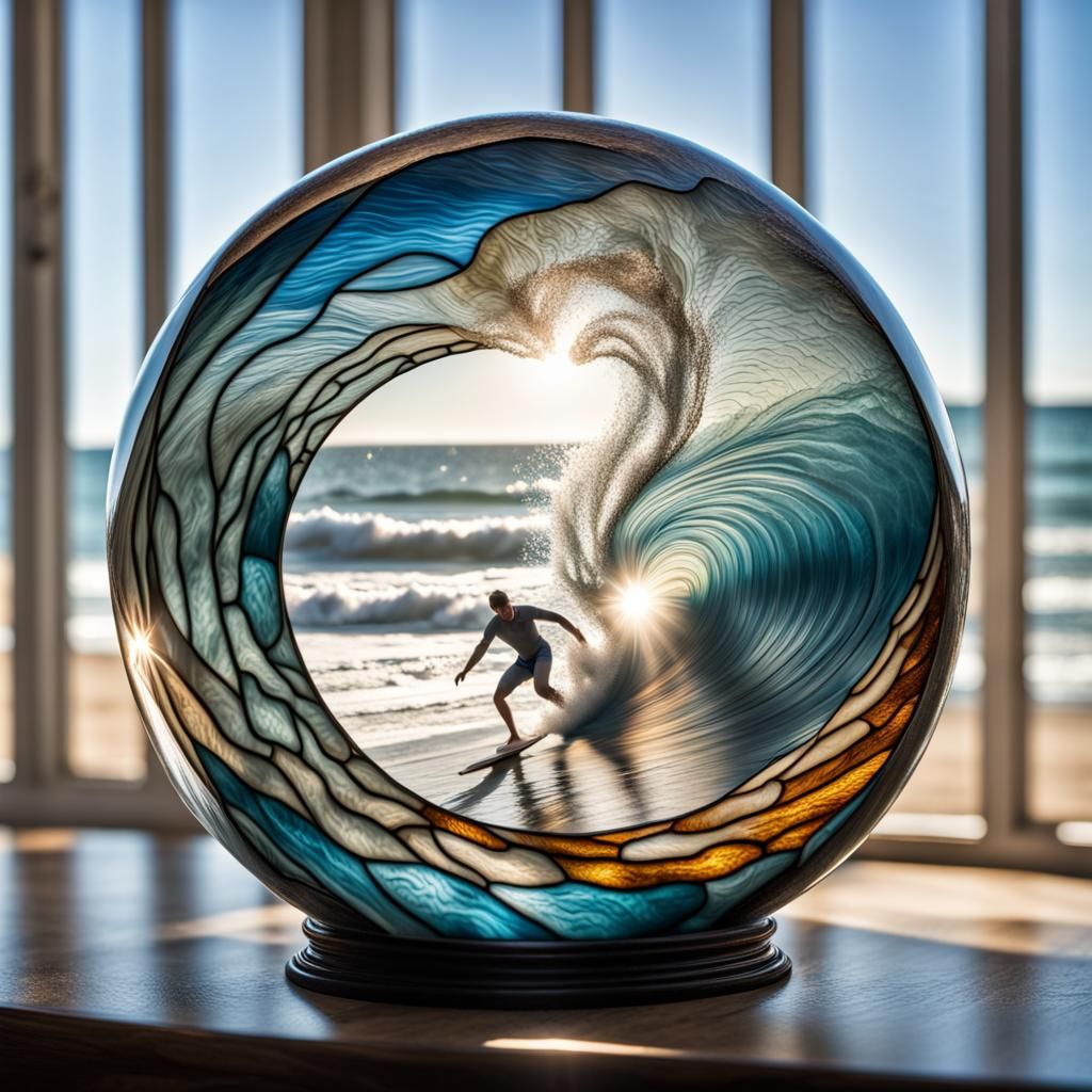 Surfer Rides Wave in Stained Glass Bubble