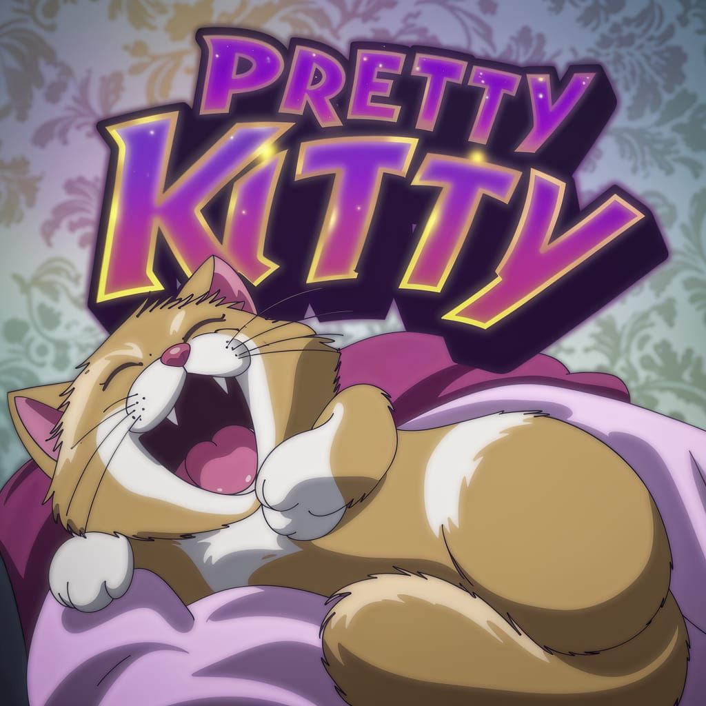A large, bold "PRETTY KITTY" logo dominates the top of the c...
