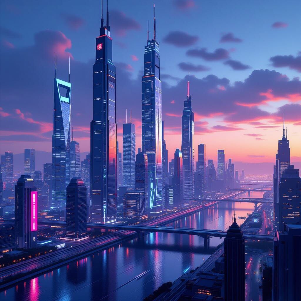 Futuristic Cityscape at Dusk in Cyberpunk Style