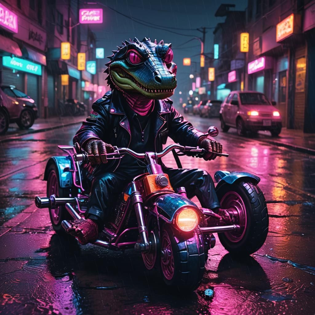 Alligator Rides Trike in Neon Cyberpunk City