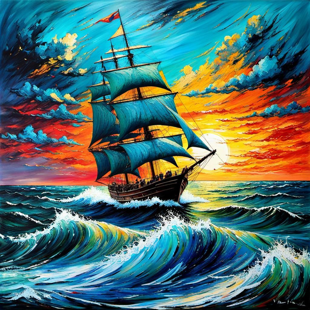 Sailing Boat on Stormy Sea in Encaustic Seascape Style