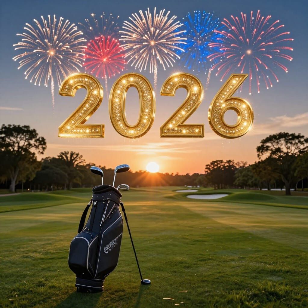 2026 Golf Celebration with Fireworks at Sunset