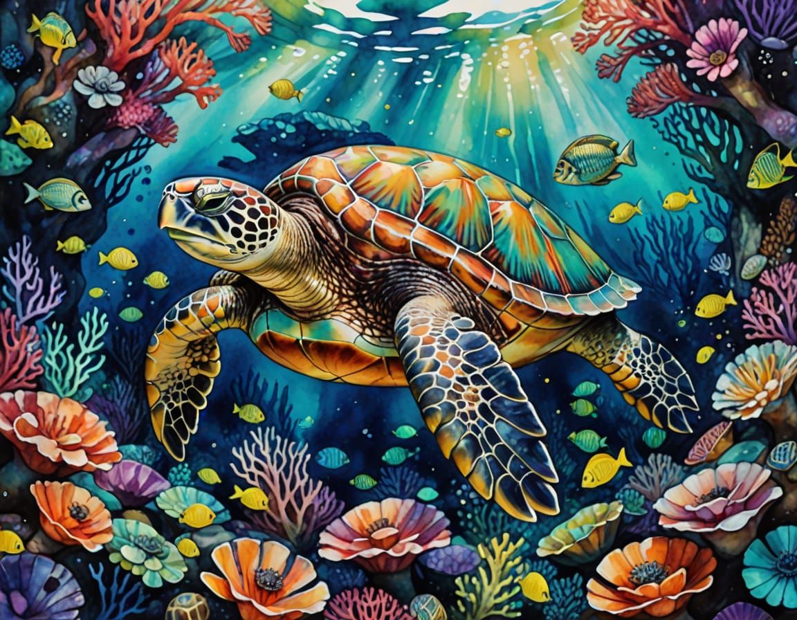 Ancient Sea Turtle in Coral Reef, Watercolor Style