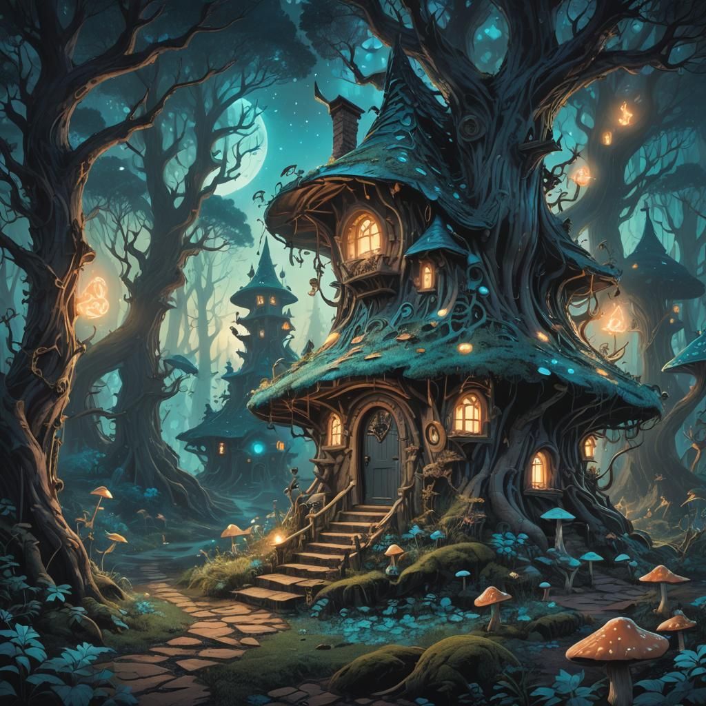 Mystical Witch Cottage in Ethereal Forest