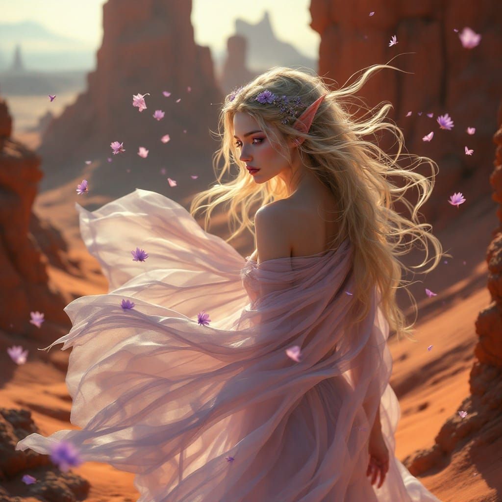 Ethereal Elven Goddess in Wasteland Landscape