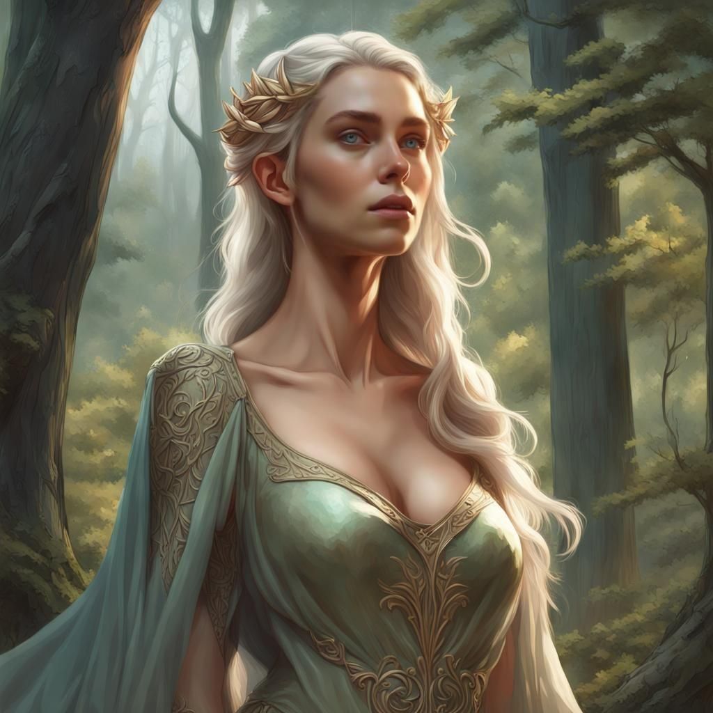 Divine Elf Woman in Medieval Forest, Hyperdetailed Art