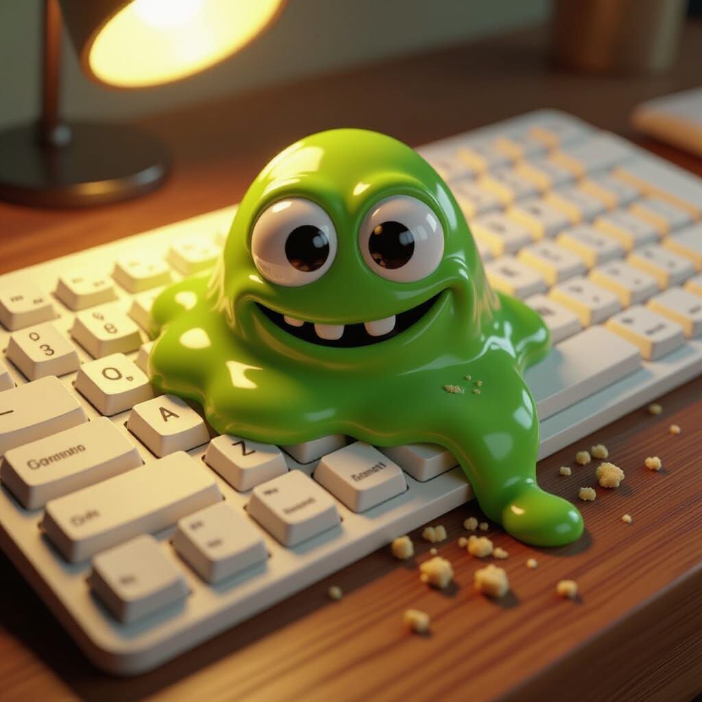 A cinematic 3D cartoon scene featuring a green, sticky blob ...