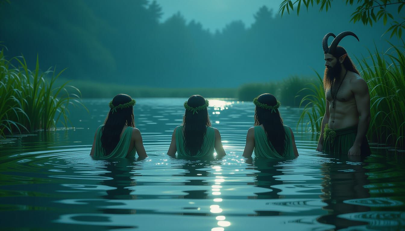 Nayads and Satyrs in Moonlit Lake: Digital Art